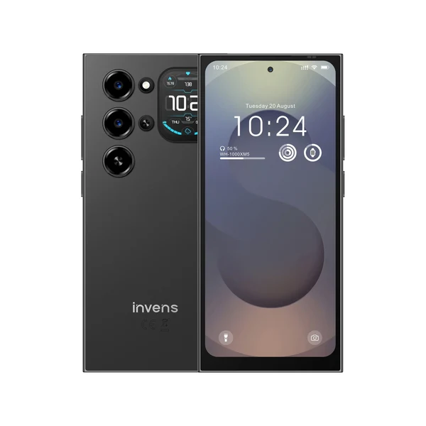 Phone - Invens Ultra S26 Mobile Phone, Black, 4G LTE, 1.75” Rear Display, 6.79” HD+ 120Hz, 24GB RAM (4GB + 20GB Extended), 128GB ROM, Unisoc T7250, 5000mAh, 32MP Camera, Android 16, Dual SIM