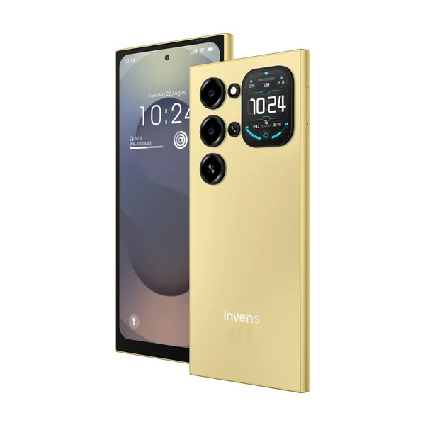 Invens Ultra S26 Mobile Phone, Gold, 4G LTE, 1.75” Rear Display, 6.79” HD+ 120Hz, 24GB RAM (4GB + 20GB Extended), 128GB ROM, Unisoc T7250, 5000mAh, 32MP Camera, Android 16, Dual SIM [1]