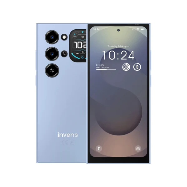Invens Ultra S26 Mobile Phone, Blue, 4G LTE, 1.75” Rear Display, 6.79” HD+ 120Hz, 24GB RAM (4GB + 20GB Extended), 128GB ROM, Unisoc T7250, 5000mAh, 32MP Camera, Android 16, Dual SIM