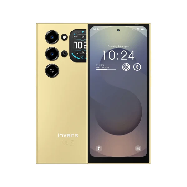 Phone - Invens Ultra S26 Mobile Phone, Gold, 4G LTE, 1.75” Rear Display, 6.79” HD+ 120Hz, 24GB RAM (4GB + 20GB Extended), 128GB ROM, Unisoc T7250, 5000mAh, 32MP Camera, Android 16, Dual SIM