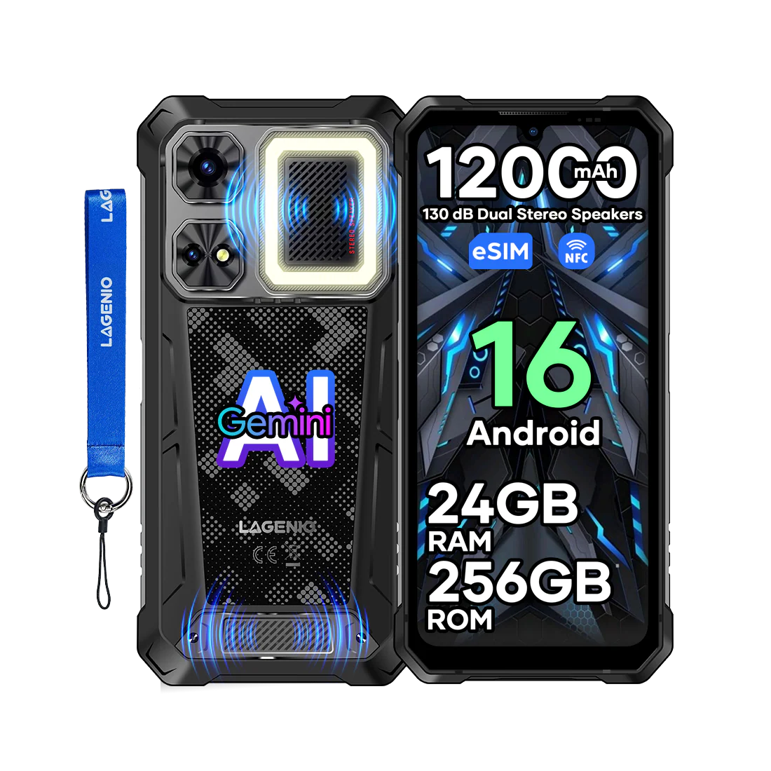 Tartós Telefonok - LAGENIO Rhino 1 Pro mobiltelefon, fekete, 4G, eSIM, 6,9" HD+ 120Hz, 32GB RAM (8GB + 24GB bővíthető), 256GB ROM, 64MP kamera, Android 16, Unisoc T7250, NFC, OTG, 12000mAh ,  33W , DUALSIM , gyorstöltés