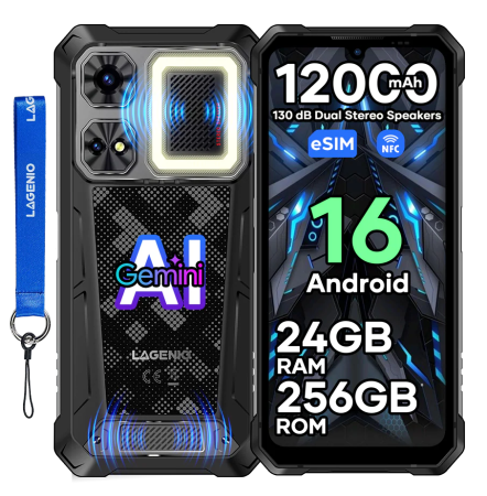 Telefoane - Telefon Mobil LAGENIO Rhino 1 Pro, Negru, 4G, eSIM ,  6.9" HD+ 120Hz, 32GB RAM (8GB + 24GB Extensibili), 256GB ROM, 64MP, Android 16, Unisoc T7250 , NFC , OTG, 12000mAh, 33W, Dual SIM