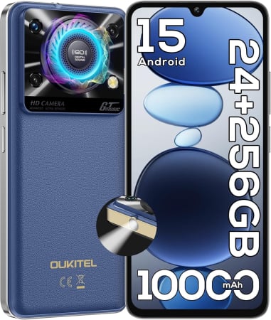 Mobiltelefon - OUKITEL C60 Pro mobiltelefon, Kék, 4G, 6.88" HD+, 24GB RAM (8GB + 16GB bővített), 256GB ROM, 13MP, Android 15, Unisoc T606, 110dB hangszóró, 120LM zseblámpa, 10000mAh, 18W, Nano SIM