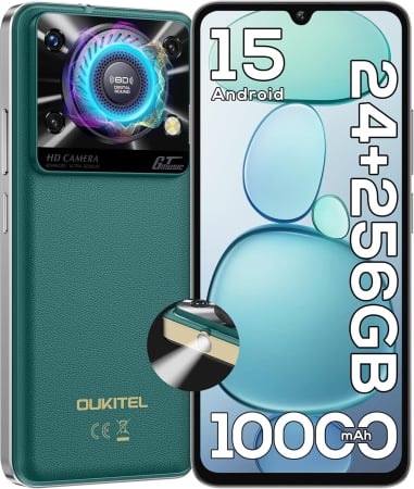 Mobiltelefon - OUKITEL C60 Pro mobiltelefon, Zöld, 4G, 6.88" HD+, 24GB RAM (8GB + 16GB bővített), 256GB ROM, 13MP, Android 15, Unisoc T606, 110dB hangszóró, 120LM zseblámpa, 10000mAh, 18W, Nano SIM