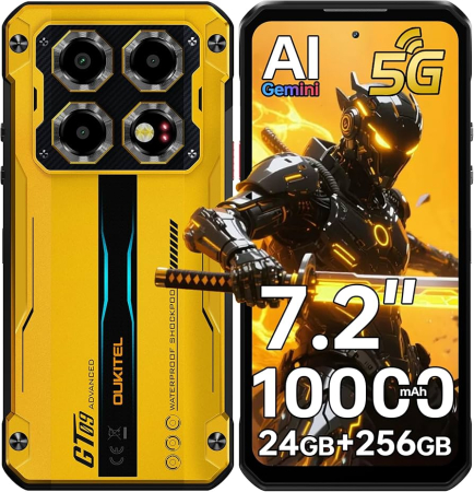 Telefon Gyártók - Oukitel WP60 Mobiltelefon, Sárga, 5G, 7.2" HD 120Hz, 24GB RAM (8GB + 16GB Kiterjesztett), 256GB ROM, Android 15, Dimensity 7025, 108MP, Éjjellátó, NFC, Arcfelismerés, 10000mAh, 33W, Két SIM