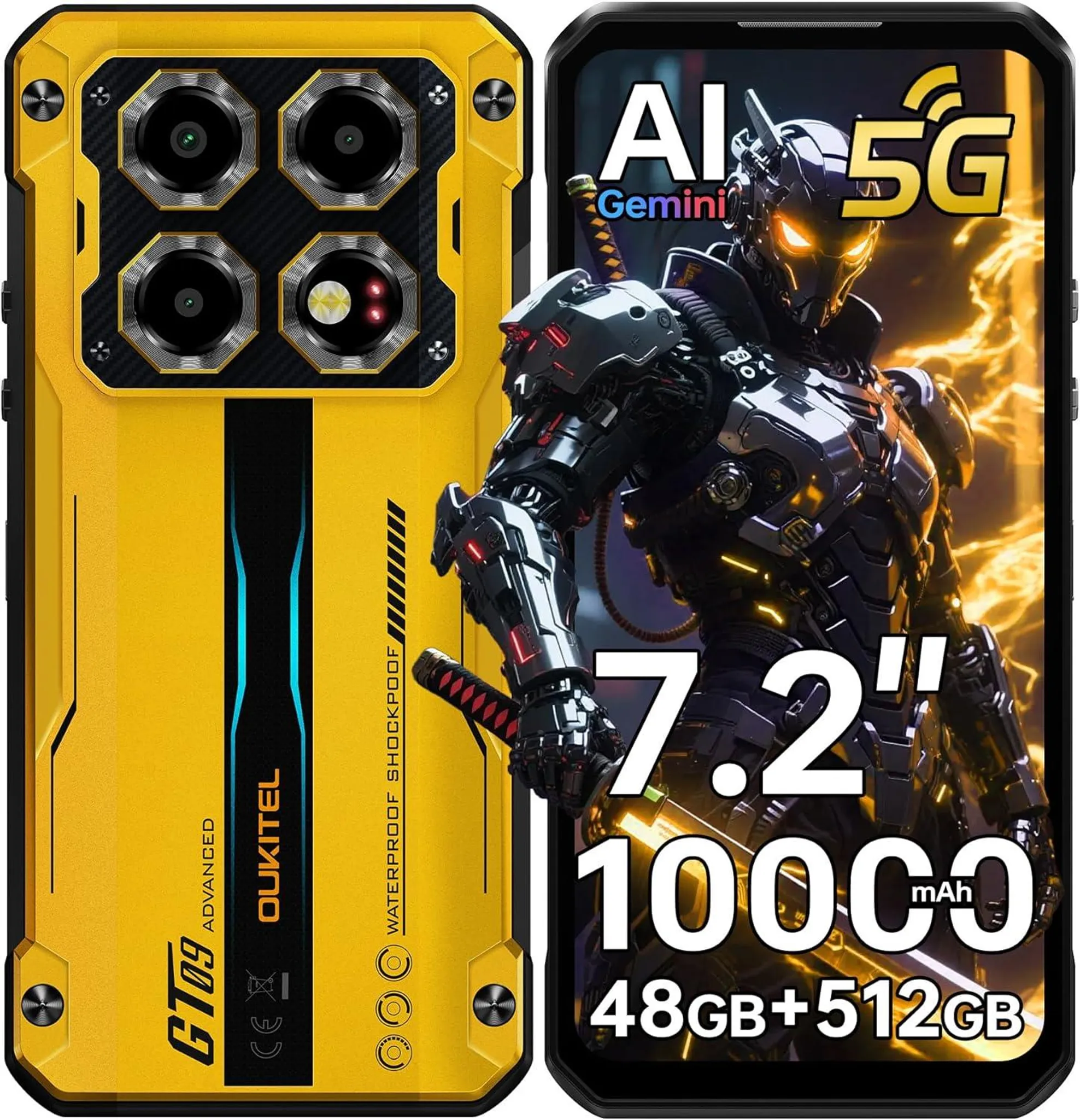 Telefoane - Telefon Mobil Oukitel WP60, Galben, 5G, 7.2" HD 120Hz, 48GB RAM (16GB + 32GB Extensibili), 512GB ROM, Android 15, Dimensity 7025, 108MP, Night Vision, NFC, Face ID, 10000mAh, 33W, Dual SIM