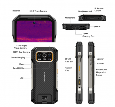 Ulefone Armor 27T Mobiltelefon, Fekete, 4G, 6.78" FHD+ 120Hz Kijelző, Hőkamera, Éjjellátó Kamera 64MP, 24GB RAM (12GB + 12GB bővíthető), 256GB ROM, Android 14, 10600mAh, 33W, Dual SIM [1]