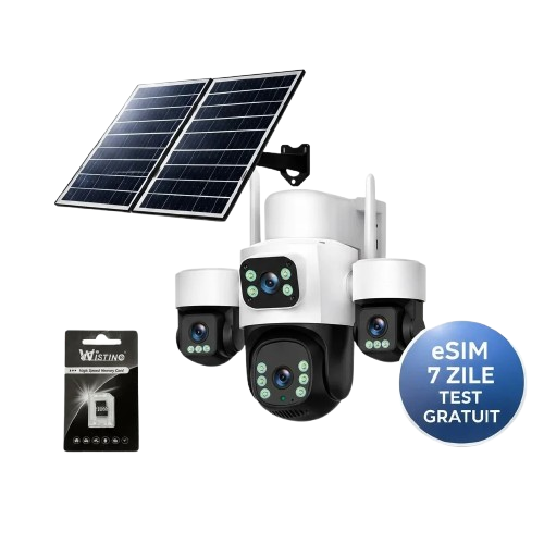 Cameră Supraveghere Solară 4G TAGGO Pro Q50, 16MP, 4 Lentile, Dual Solar 20W, eSIM, AI Tracking, PTZ 360 , Full Color, AOV 24 7, 15600mAh
