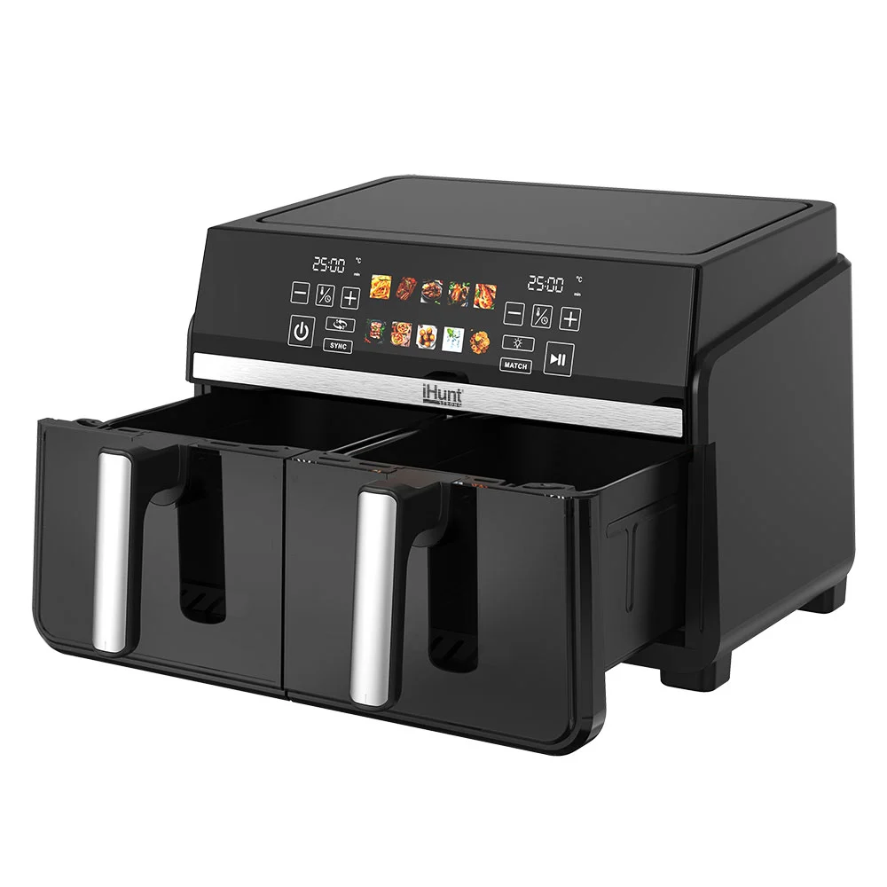 Friteuză cu Aer Cald iHunt Bro Dual Air Fryer, 10L, 2200W, Dual Zone, Ecran Touch LED, Temperatură Reglabilă 80-200 C, Timer, Menținere la Cald