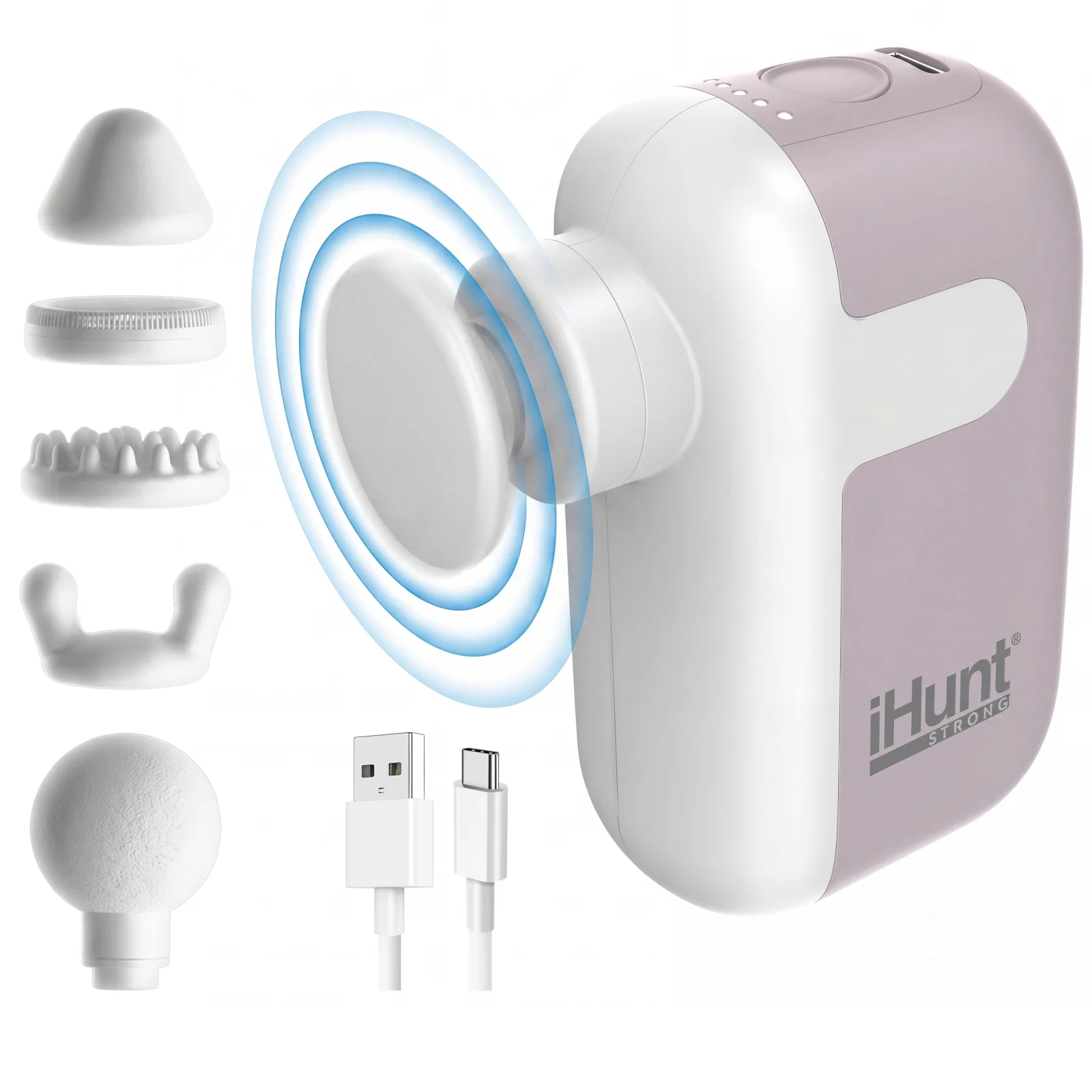 Pistol de Masaj Profesional iHunt SPA PulseGun Ultra, 25W, 5 Trepte de Viteză, 5 Capete de Masaj, Baterie 1500mAh, Alb Roz