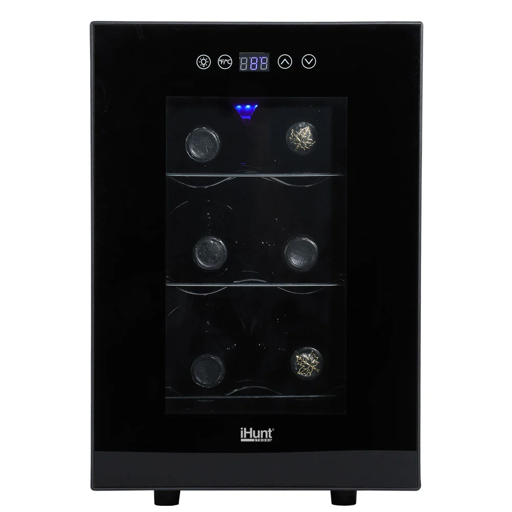 Răcitor de Vin iHunt Wine Cooler Silențios, 6 Sticle, 16L, Panou Digital, Iluminare LED, Anti-UV, No Frost, 30W