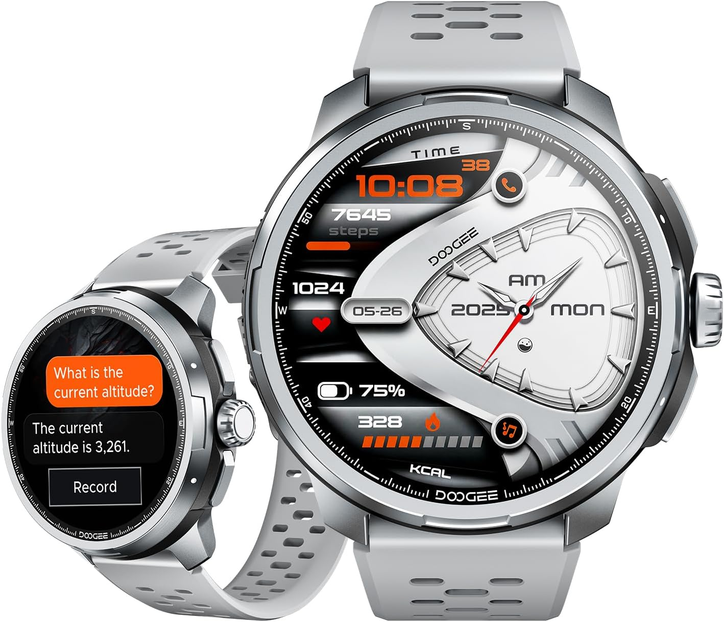 Smartwatch DOOGEE Anymoving M1, Silver, Ecran AMOLED 1.5 , GPS Integrat, Bluetooth, 256MB Memorie, Baterie 730mAh, Rezistenta 5ATM (50m),