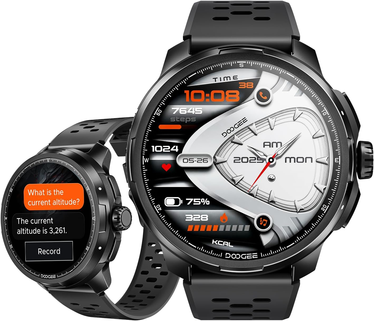 Smartwatch DOOGEE Anymoving M1, Negru, Ecran AMOLED 1.5 , GPS Integrat, Bluetooth, 256MB Memorie, Baterie 730mAh, Rezistenta 5ATM (50m), Monitorizare