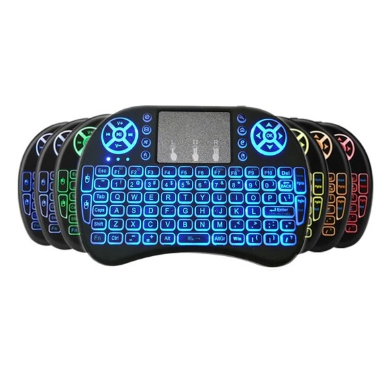 Telecomanda wireless QWERTY cu mini tastatura STAR i8, 2.4G, Iluminare LED 7 culori, Air mouse, Touc