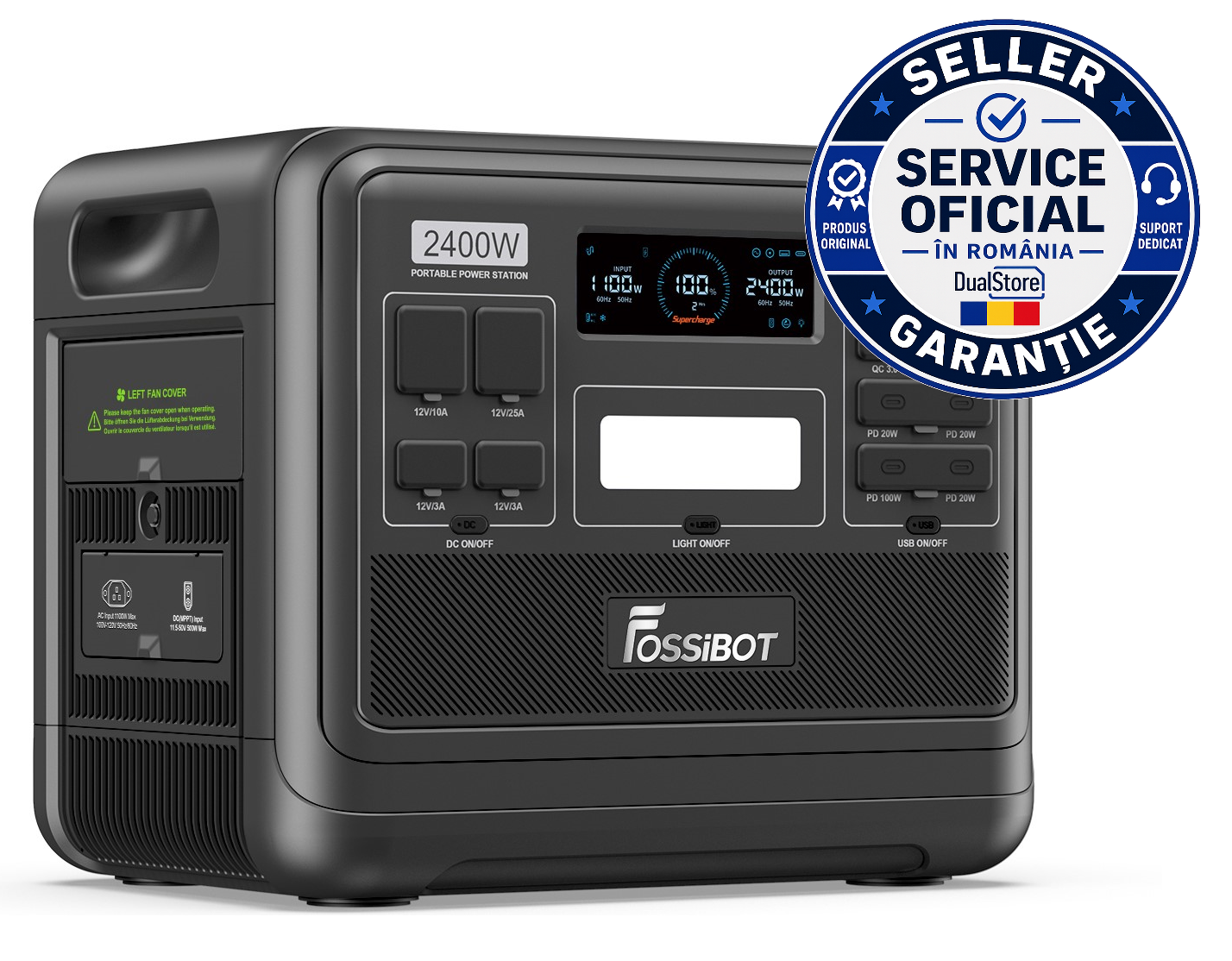 Statie de incarcare portabila Fossibot F2400 Negru, 2400W, 2048Wh, 640000mAh, Ecran LCD, Protectie BMS, 16 iesiri, Lanterna LED, SOS Negru