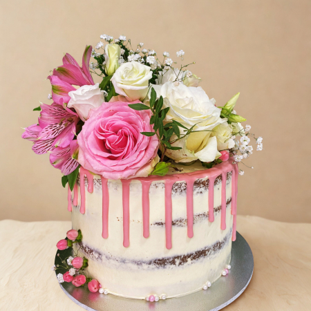 Torturi Personalizate - Tort Naked cu  Flori Naturale & Drip de Ciocolata  de la 260 lei/kg