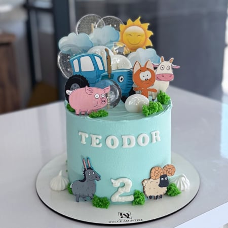 Torturi pentru Copii - Tort Tractorul albastru cu animale comestibile