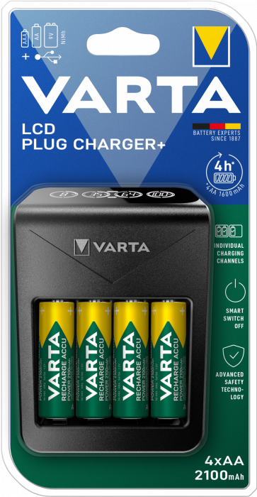 Incarcator Varta LCD Plug Charger+ 57687 R6 R3 9V + 4 Acumulatori Varta Power AA R6 2100 mah-big