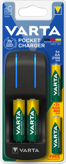 Incarcator Varta Pocket Charger 57642 R6 R3 + 4 Acumulatori Varta Power AA R6 2100 mah + 2 Acumulatori Varta Power AAA R3 800 mah-big