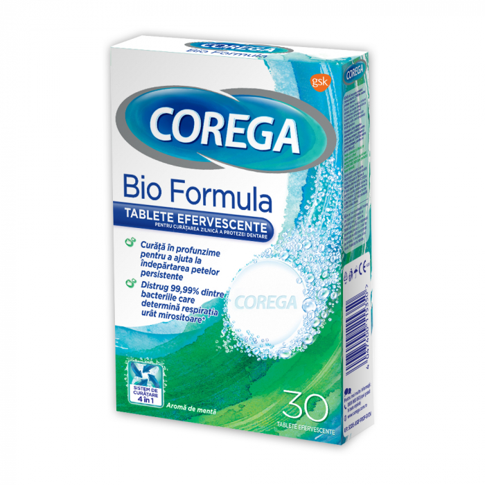 Corega Bio Formula tablete pentru curatat proteza dentara, 30 tablete efervescente [1]