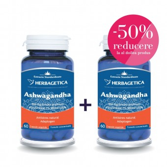 PRODUSE - Ashwagandha, 60 capsule, pachet cu 2 cutii-50% reducere la al doilea produs