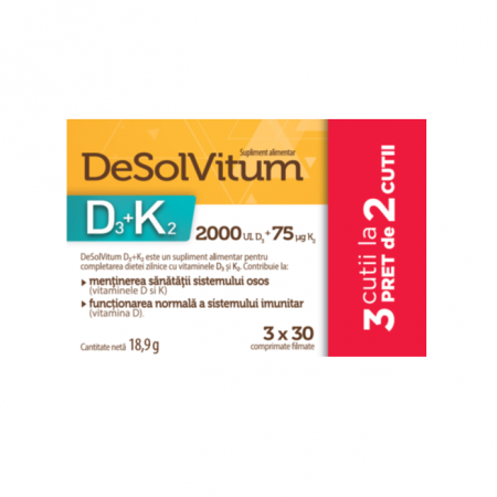 Produse autohtone - DeSolVitum D3 + K2, 30 comprimate filmate, pachet 2 + 1 gratis