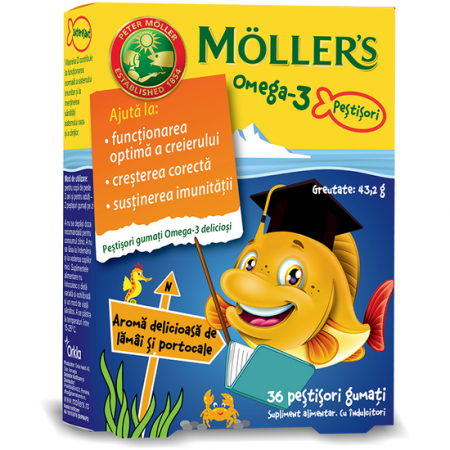 Puiul mamei - Moller's Omega-3 pestisori gumati cu aroma delicioasa de lamai si portocale, 36 jeleuri gumate