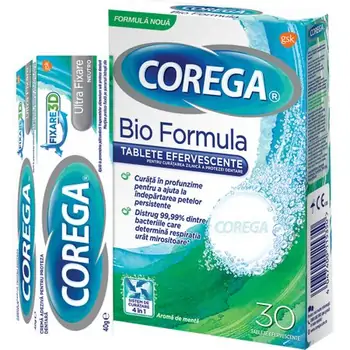 PRODUSE - Pachet Corega Crema adeziva pentru proteza dentara, 40 g + Corega Bio Formula Tablete efervescente pentru curatarea protezei dentare, 30 bucati cu 90% reducere