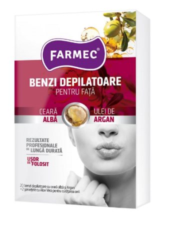 Servetele si Igienizanti - Benzi depilatoare Farmec pentru față cu ceară albă și argan, 20 bucăți + 2 șervețele