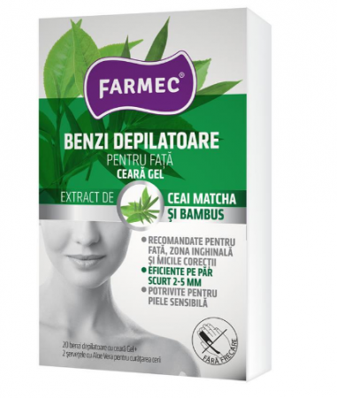 Produse autohtone - Farmec Benzi depilatoare pentru față ceară-gel (8380), 20 bucati + 2 servetele