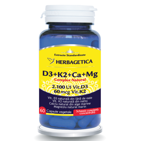 Imunitate adulti - Complex Natural D3+K2+Ca+Mg 60 capsule Herbagetica