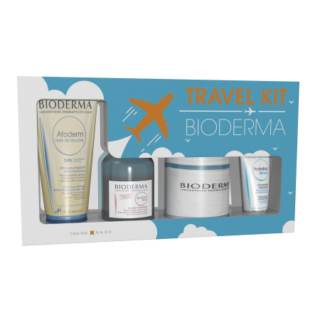 Altele - Bioderma Kit pentru calatorie: Atoderm ulei de dus, 100 ml + Sensibio apa micelara, 100 ml + Hydrabio ser, 15 ml + Dischete demachiante