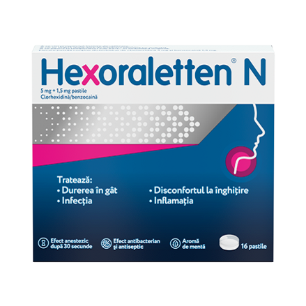 Ameliorare simptome raceala si gripa - Hexoraletten N , 5 Mg + 1,5 Mg , 16 Comprimate
