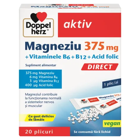 Suplimente Alimentare - Magneziu 375 mg + Vitaminele B6 + B12 + Acid folic, Direct, 20 plicuri