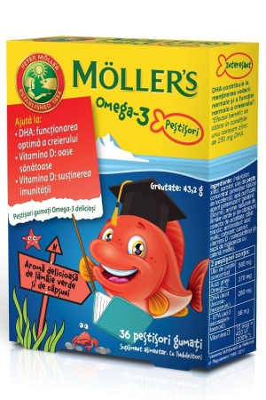 Cardiologie - Moller's Omega-3 peștișori gumati cu aromă de lămâie verde și căpșuni, 36 jeleuri gumate