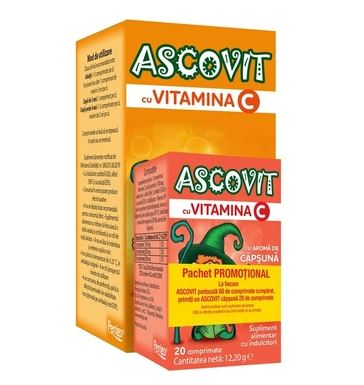PRODUSE - Pachet Ascovit Vitamina C 100Mg Aroma Portocala X 60 Comprimate+Ascovit Vitamina C 100Mg Aroma Capsuni X 20 Coprimate