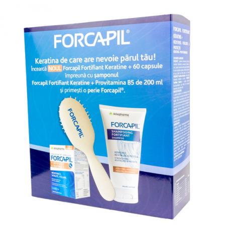 PRODUSE - Pachet Forcapil Fortifiant Keratine +, 60 capsule vegetale + Forcapil sampon fortifiant, 200 ml + Perie
