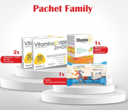 Oferte și reduceri - Pachetul Familiei: Vitamina C1000 Zn+D3 30cps x 2cut.+Vitamina D3 120cps x 1cut.+Servetele Osteo 15bucati
