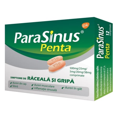 Ameliorare simptome raceala si gripa - Parasinus Penta, 12 Comprimate