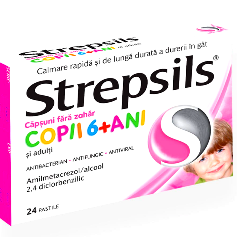 Sistemul Respirator - Strepsils Capsuni Fara Zahar Copii 6+ Ani Si Adulti, 24 Pastile