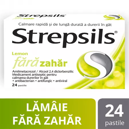 Dureri de gat - Strepsils Lemon Fara Zahar X 24 Pastile