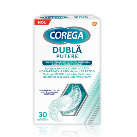 PRODUSE - Corega Dubla Putere Tablete efervescente pentru curatarea zilnica a protezei dentare, 30 bucati
