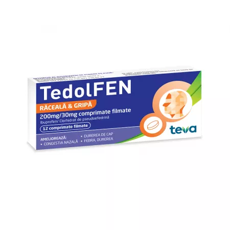 Ameliorare simptome raceala si gripa - Tedolfen 200Mg/30 Mg , 12 Comprimate