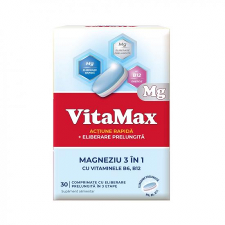 PRODUSE - VitaMax Magneziu 3 in 1 cu vitaminele B6 si B12, 30 comprimate cu eliberare prelungita