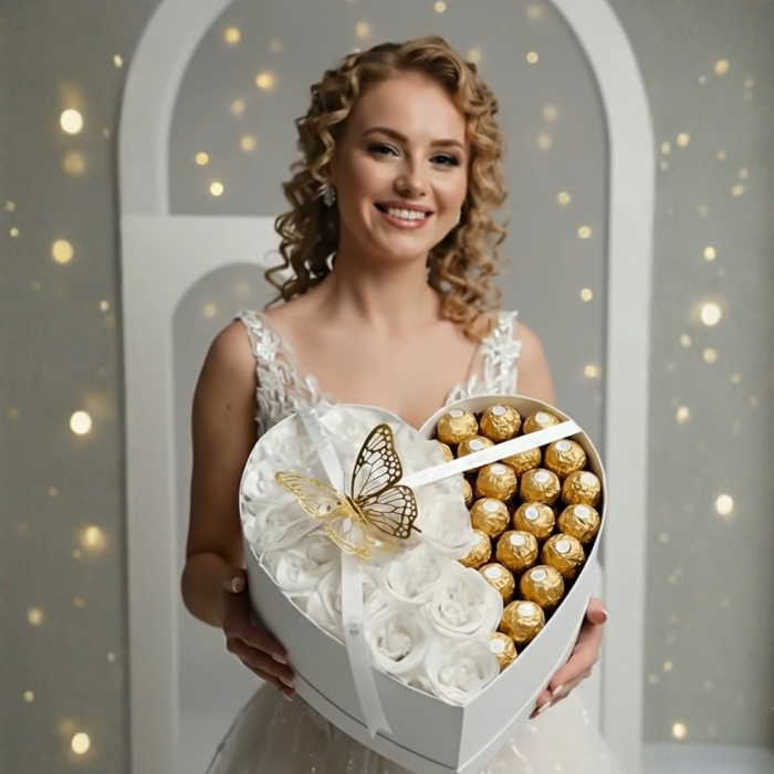 Aranjament din trandafiri albi cu sclipici și bomboane Ferrero – cadoul care impresionează din prima cu Trandafiri din sapun [5]