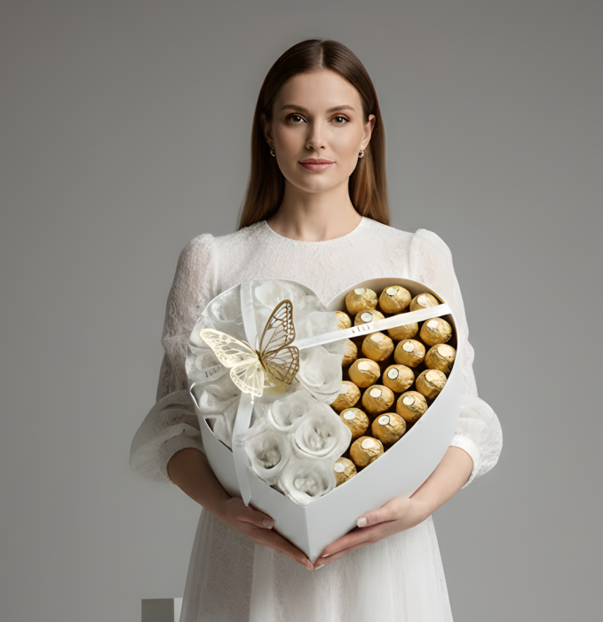 Aranjament din trandafiri albi cu sclipici și bomboane Ferrero – cadoul care impresionează din prima cu Trandafiri din sapun [6]