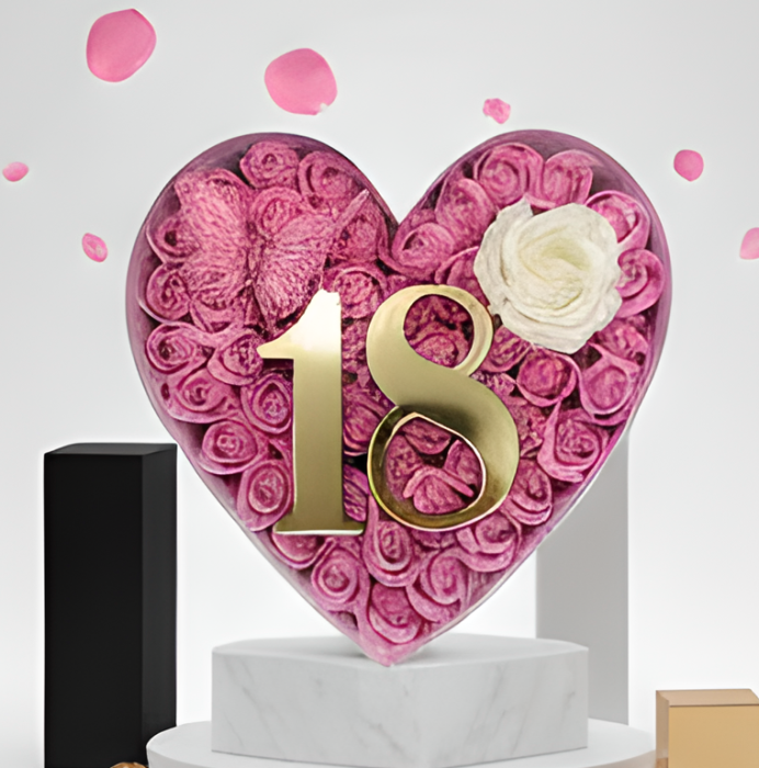 Aranjament floral 18 ani varsta aniversara cu trandafiri din sapun si cifra 3D cu sclipici, fluturas decorativ [6]