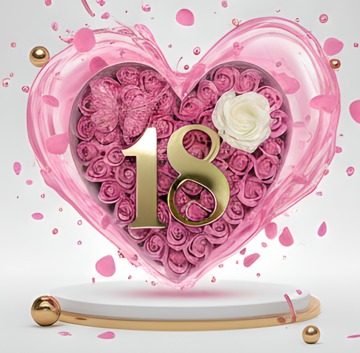 Aranjament floral 18 ani varsta aniversara cu trandafiri din sapun si cifra 3D cu sclipici, fluturas decorativ [2]