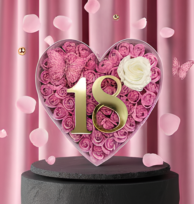 Aranjament floral 18 ani varsta aniversara cu trandafiri din sapun si cifra 3D cu sclipici, fluturas decorativ [5]