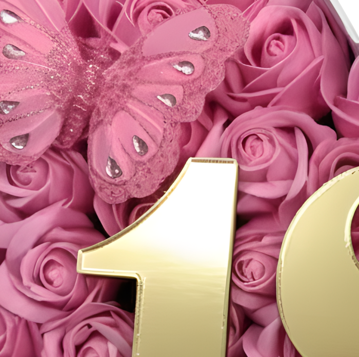 Aranjament floral 18 ani varsta aniversara cu trandafiri din sapun si cifra 3D cu sclipici, fluturas decorativ [4]